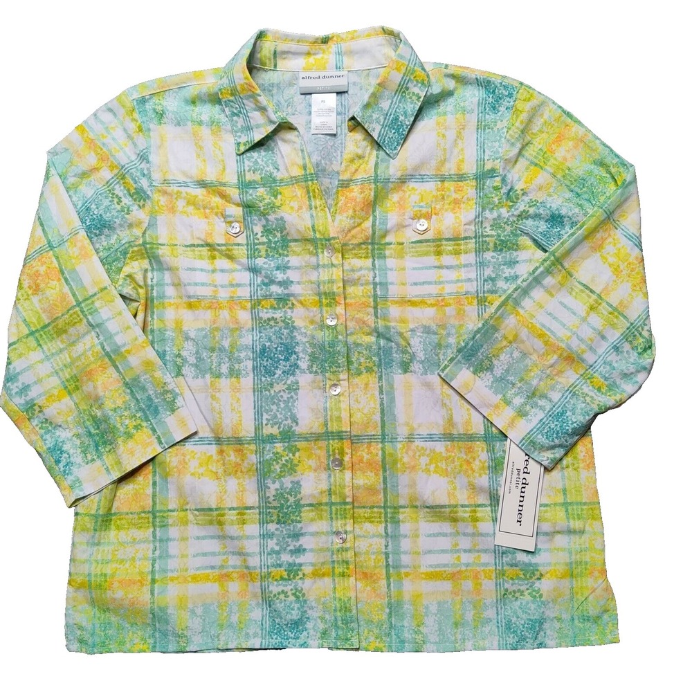 Alfred Dunner Petite Small PS Spring Lake Plaid Button Up Collard Shirt NEW